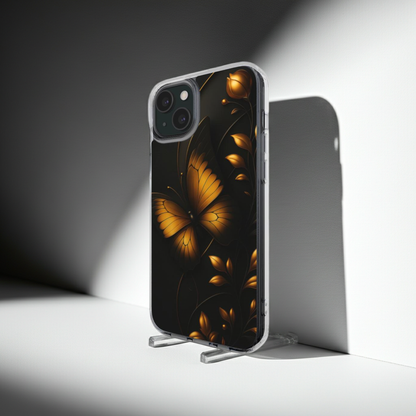 Husă iPhone transparentă cu design fluture auriu și elemente florale, vedere laterală