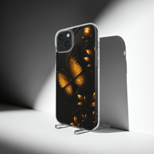 Husă iPhone transparentă cu design fluture auriu și elemente florale, vedere laterală