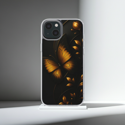 Husă iPhone transparentă cu design fluture auriu și elemente florale, vedere spate