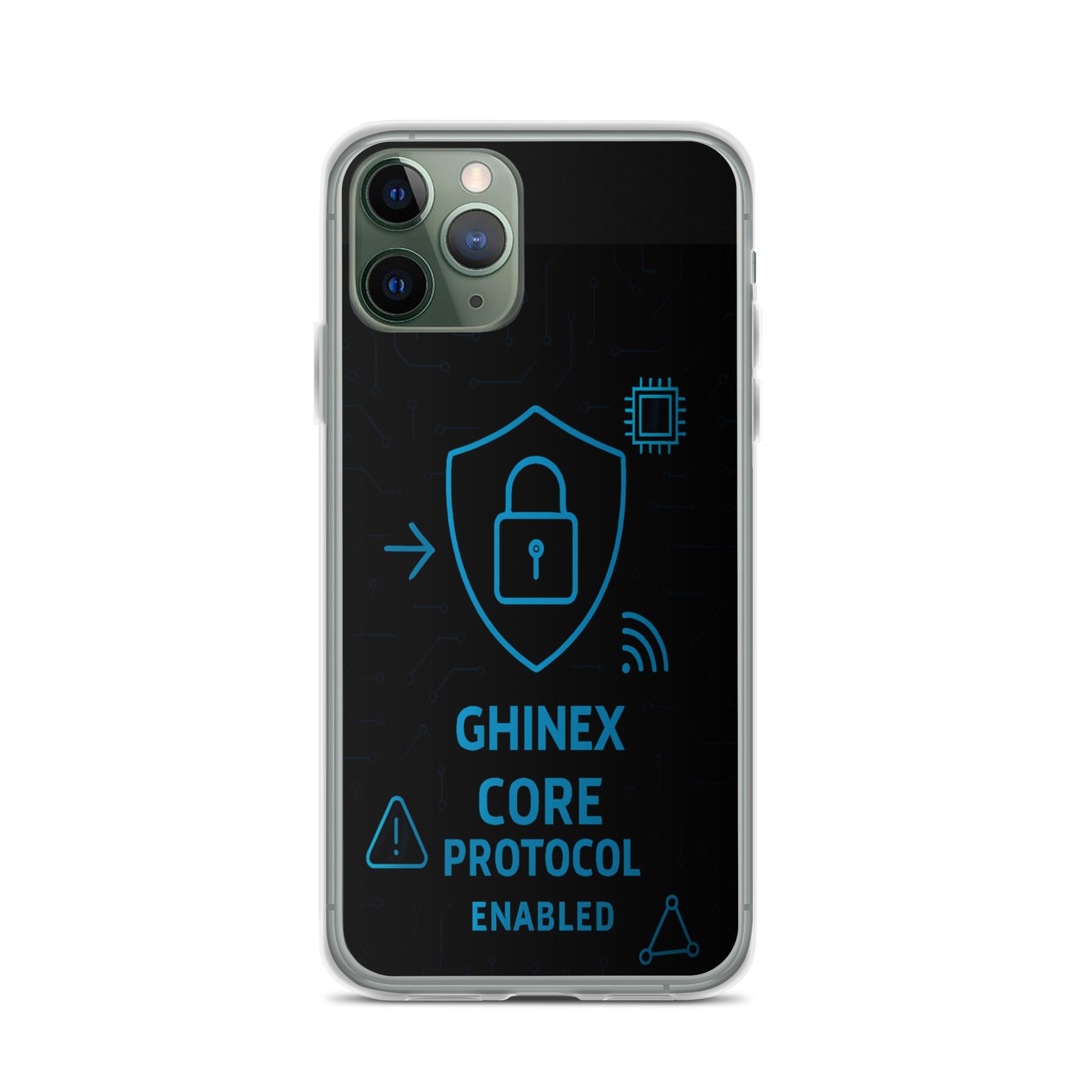 Husă iPhone GHINEX Core Protocol, vedere spate, design abstract pe model iPhone