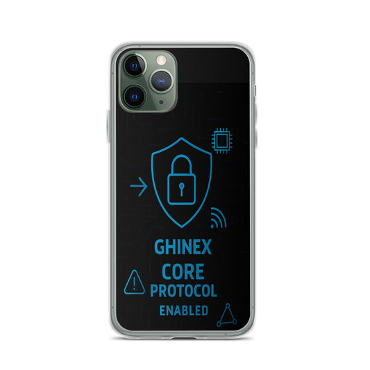 Husă iPhone GHINEX Core Protocol, vedere spate, design abstract pe model iPhone