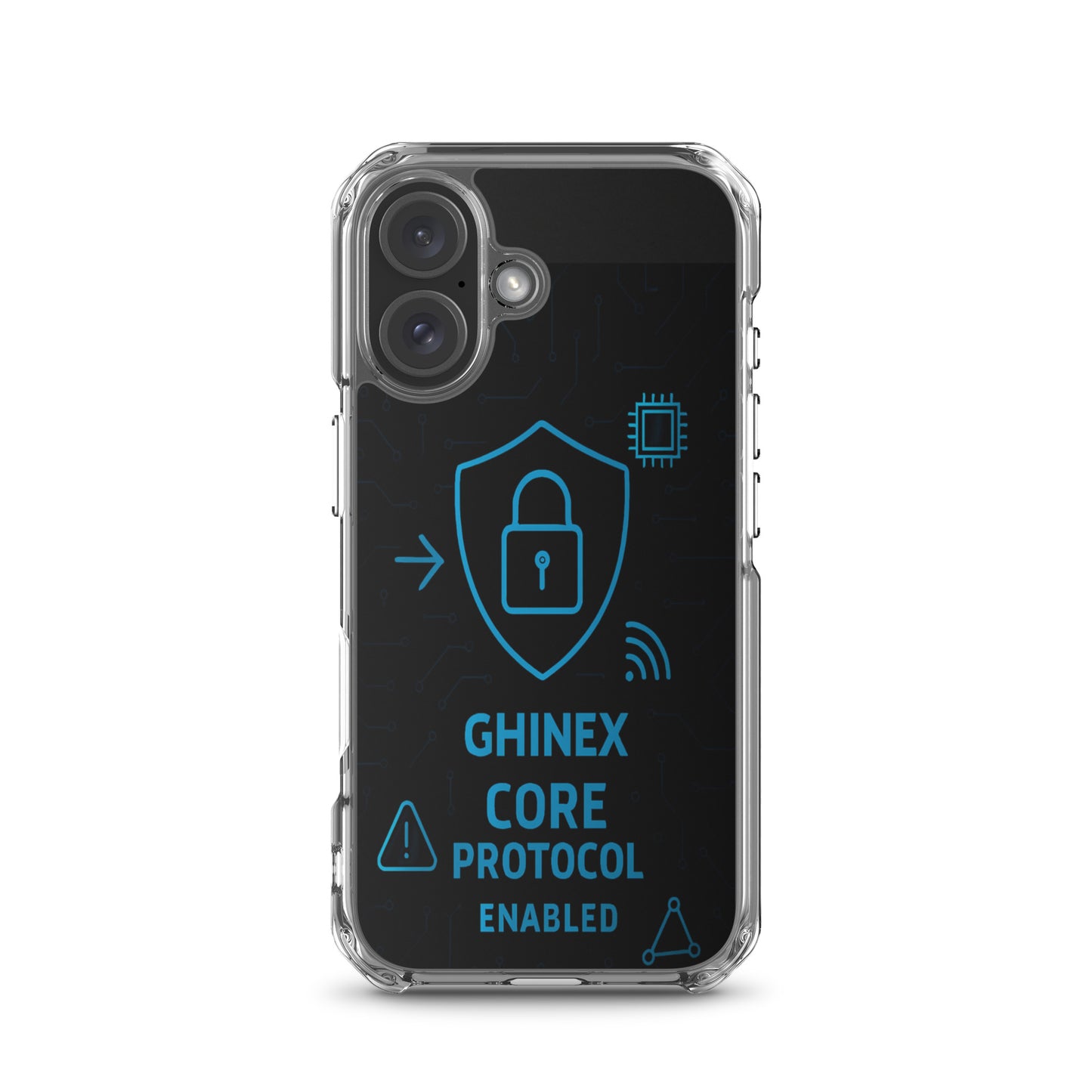 Husă iPhone GHINEX Core Protocol, vedere spate, design abstract pe alt model iPhone