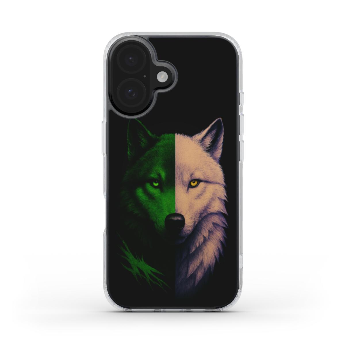 Husă iPhone MagSafe, vedere spate, design lup hibrid verde-alb cu ochi smarald și auriu