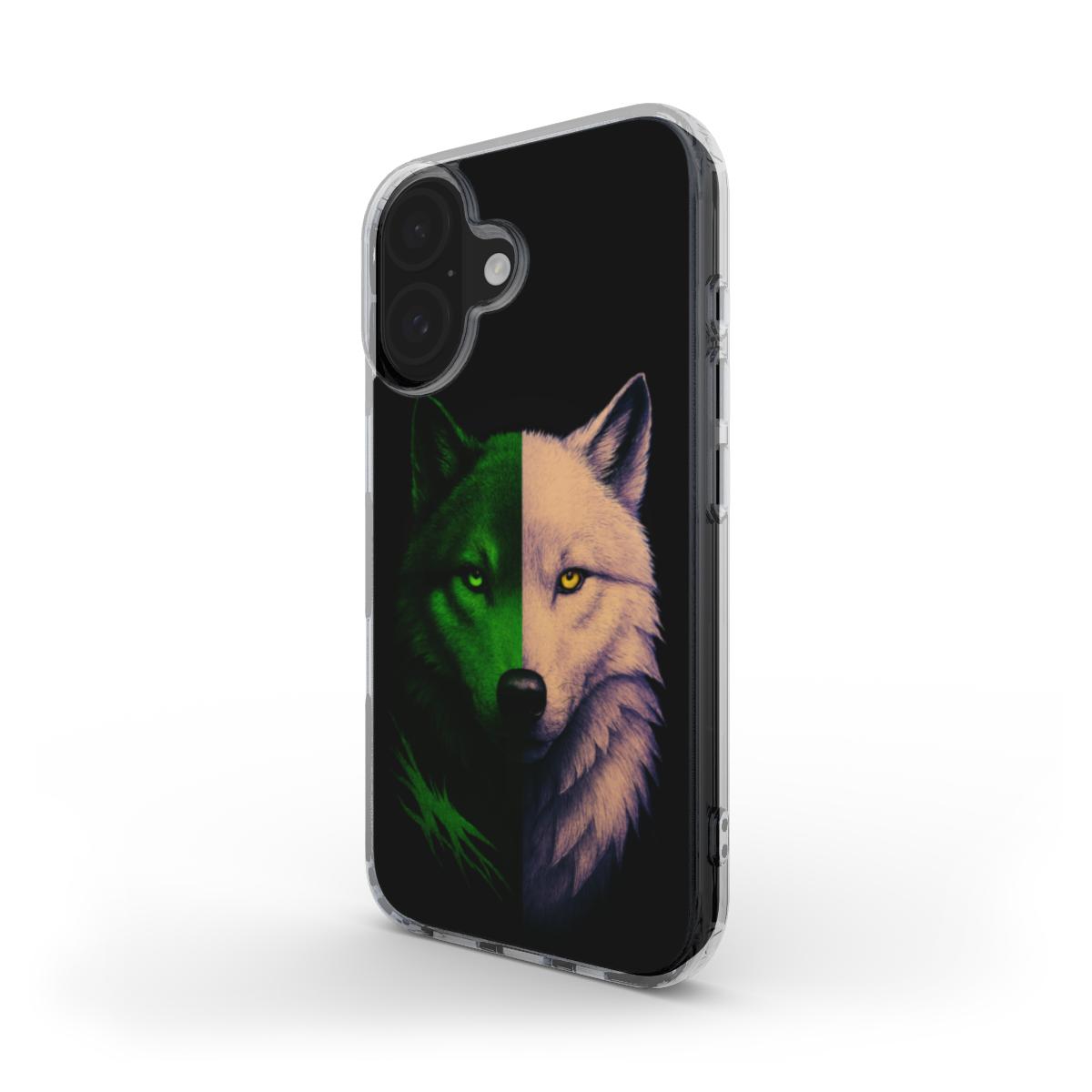 Husă iPhone MagSafe, vedere față, design lup hibrid verde-alb cu ochi smarald și auriu
