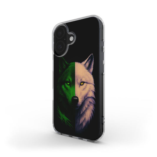 Husă iPhone MagSafe, vedere față, design lup hibrid verde-alb cu ochi smarald și auriu