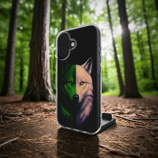 Husă iPhone MagSafe, vedere față, design lup hibrid verde-alb cu ochi smarald și auriu