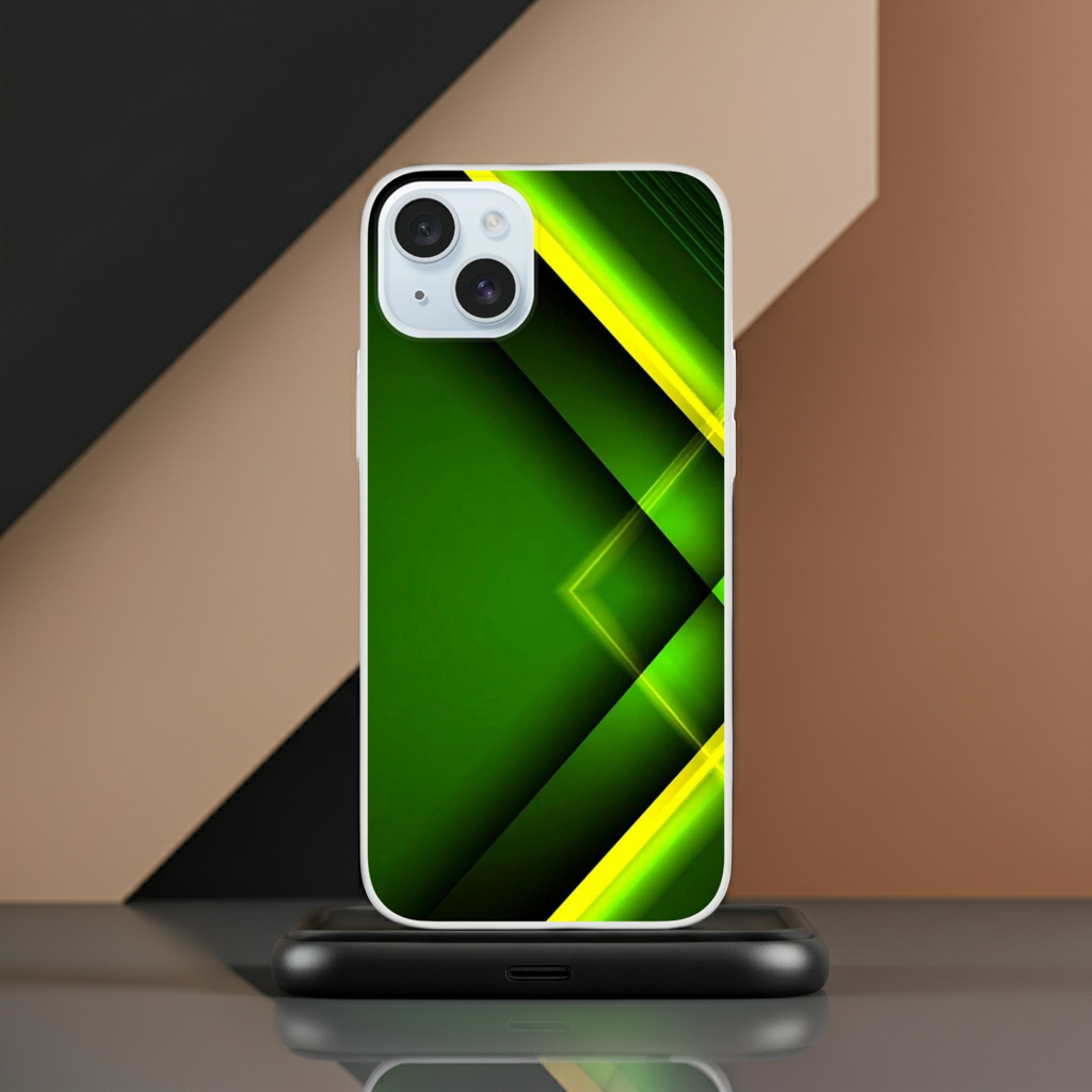 Husă iPhone 15 Plus cu pattern verde și galben, vedere spate pe fundal alb