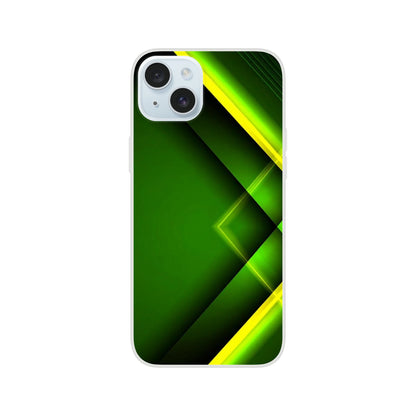 Husă iPhone 15 Plus cu pattern verde și galben, vedere spate pe fundal alb
