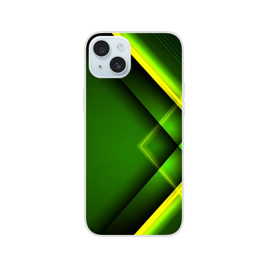 Husă iPhone 15 Plus cu pattern verde și galben, vedere spate pe fundal alb