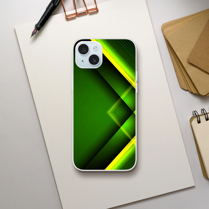 Husă iPhone 15 Plus cu pattern verde și galben, vedere spate pe birou