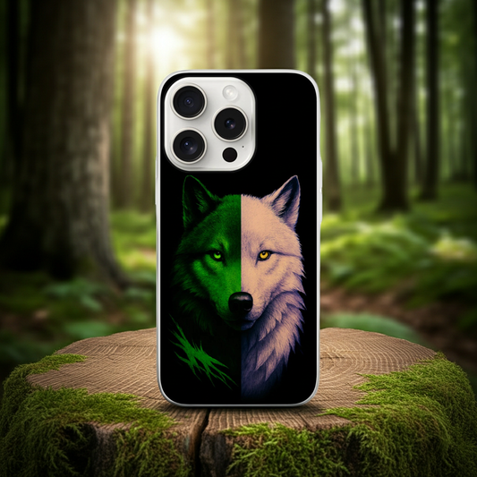 Husă iPhone 15 Pro cu design lup hibrid verde și alb, vedere spate pe fundal alb