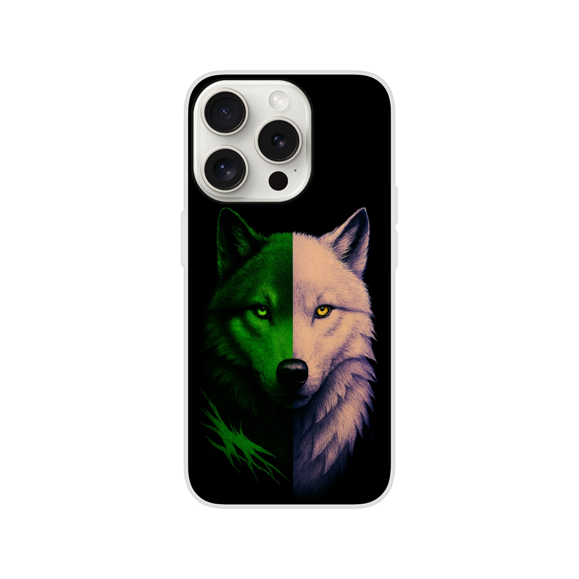 Husă iPhone 15 Pro cu design lup hibrid verde și alb, vedere spate pe fundal alb