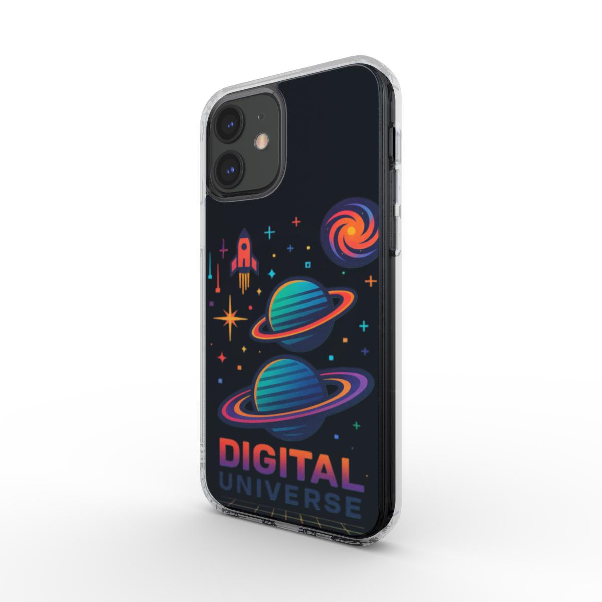 Husă MagSafe Clear pentru iPhone cu design Digital Universe retro-futurist, vedere spate pe fundal alb
