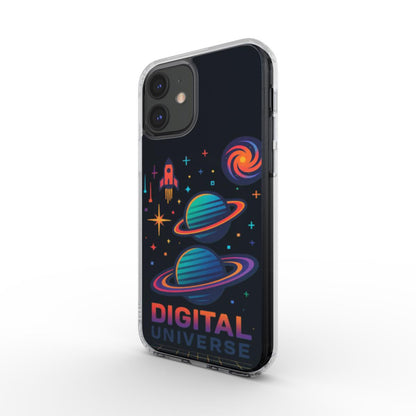 Husă MagSafe Clear pentru iPhone cu design Digital Universe retro-futurist, vedere spate pe fundal alb