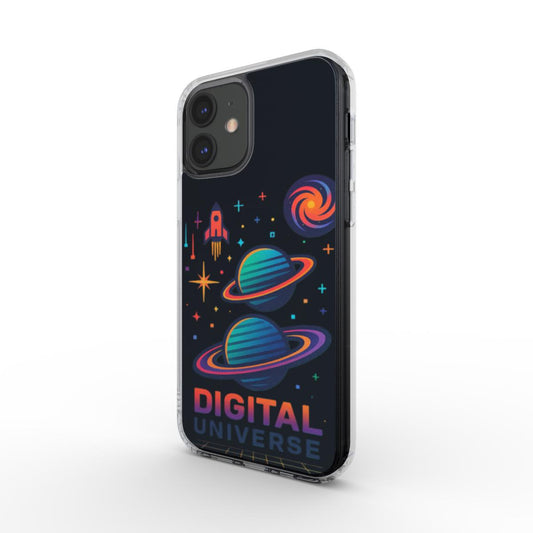 Husă MagSafe Clear pentru iPhone cu design Digital Universe retro-futurist, vedere spate pe fundal alb