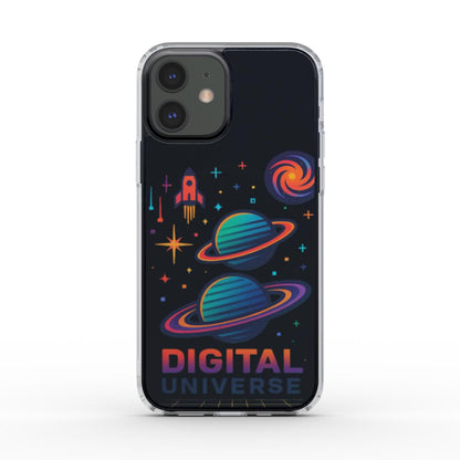 Husă MagSafe Clear pentru iPhone cu design Digital Universe retro-futurist, vedere spate pe telefon pe fundal alb