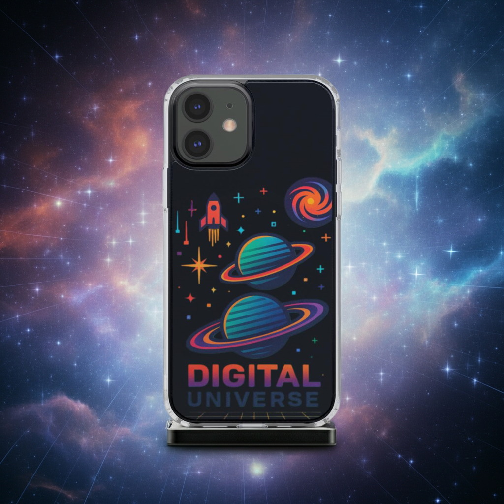 Husă MagSafe Clear pentru iPhone cu design Digital Universe retro-futurist, vedere spate pe telefon pe fundal alb