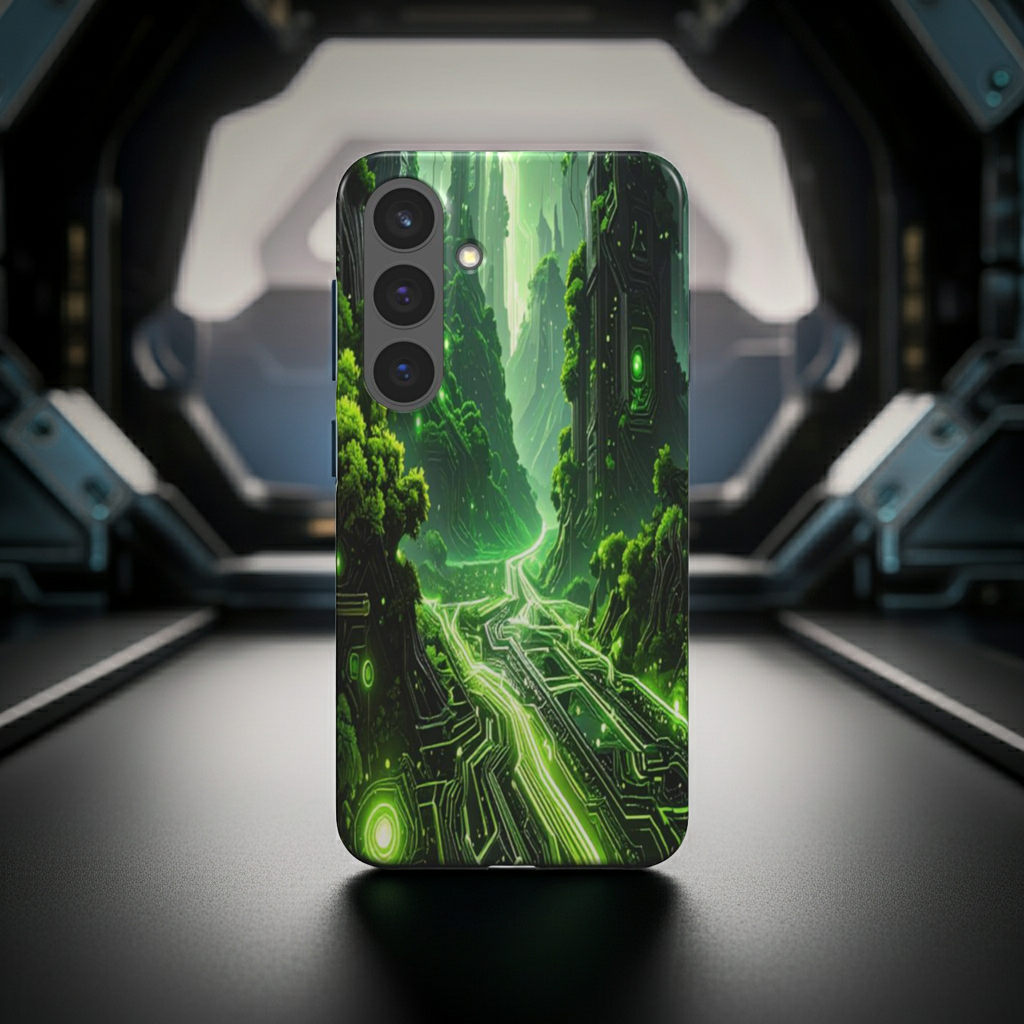 Husă Samsung Galaxy A51/A71, vedere spate, design oraș futurist verde deschis