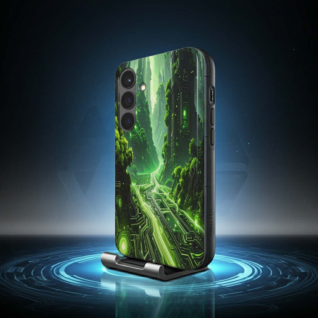 Husă Samsung Galaxy A51/A71, vedere față, design oraș futurist verde deschis