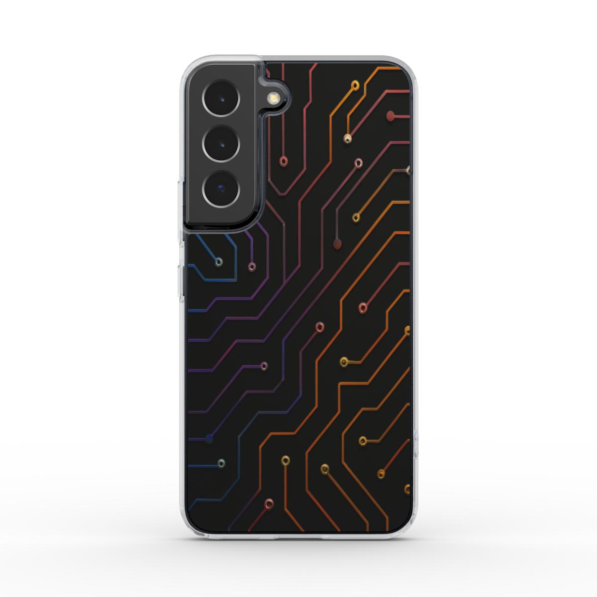 Husă Samsung Galaxy S22, vedere spate, design futurist cu circuite electronice colorate