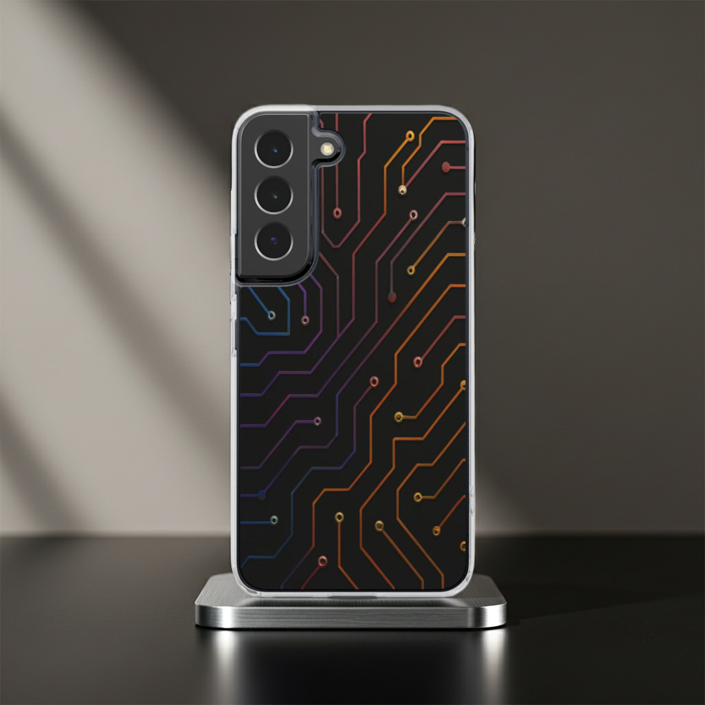 Husă Samsung Galaxy S22, vedere spate, design futurist cu circuite electronice colorate