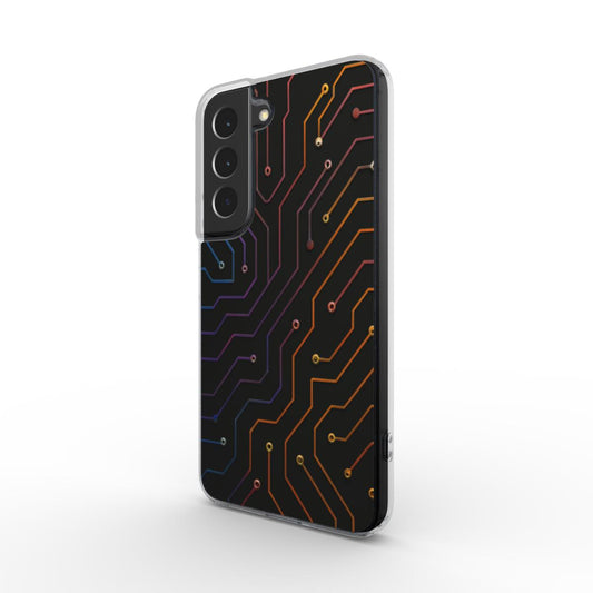 Husă Samsung Galaxy S22, vedere față, design futurist cu circuite electronice colorate