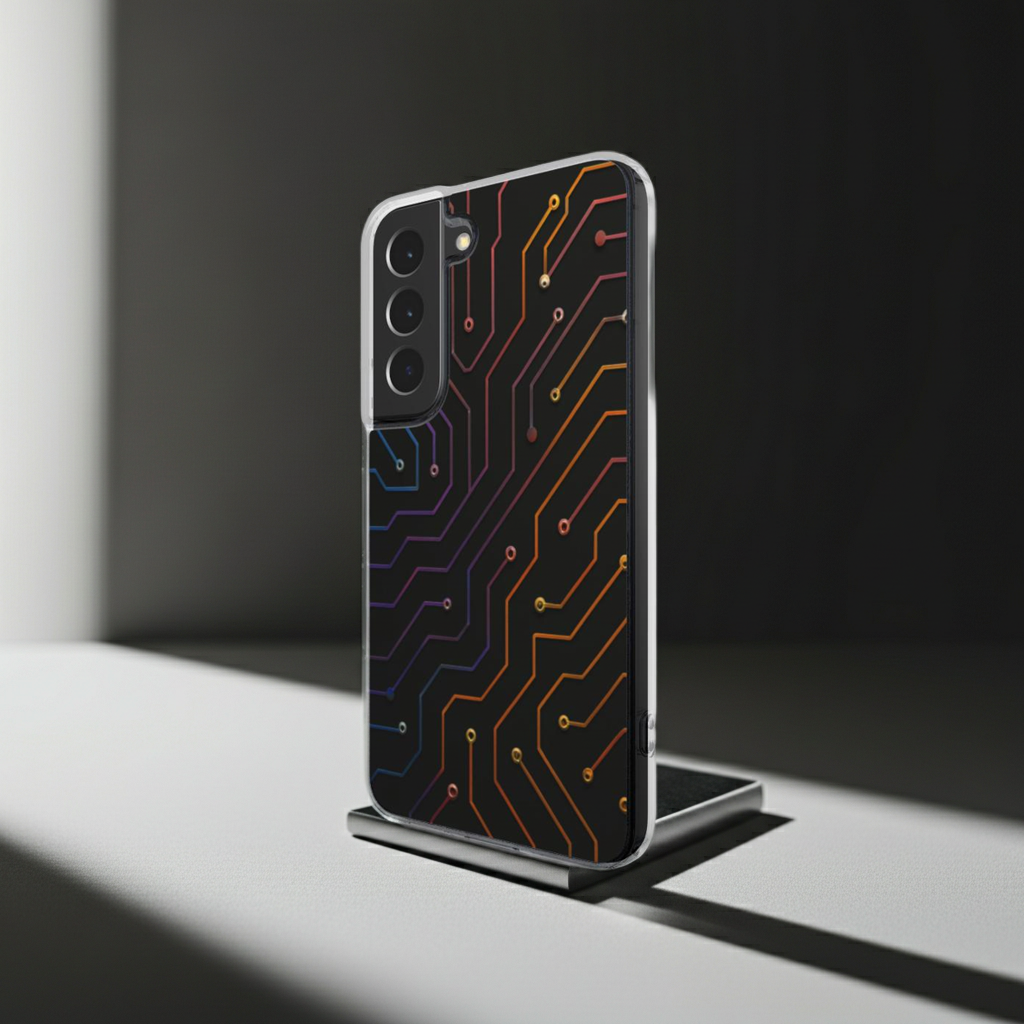 Husă Samsung Galaxy S22, vedere față, design futurist cu circuite electronice colorate