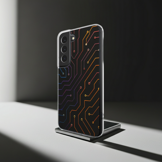 Husă Samsung Galaxy S22, vedere față, design futurist cu circuite electronice colorate