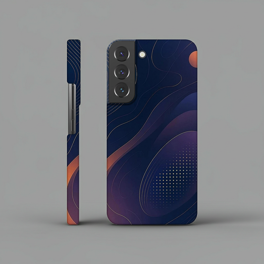 Husă slim Samsung Galaxy S22, design abstract bleumarin cu accente portocalii, vedere spate pe fundal alb