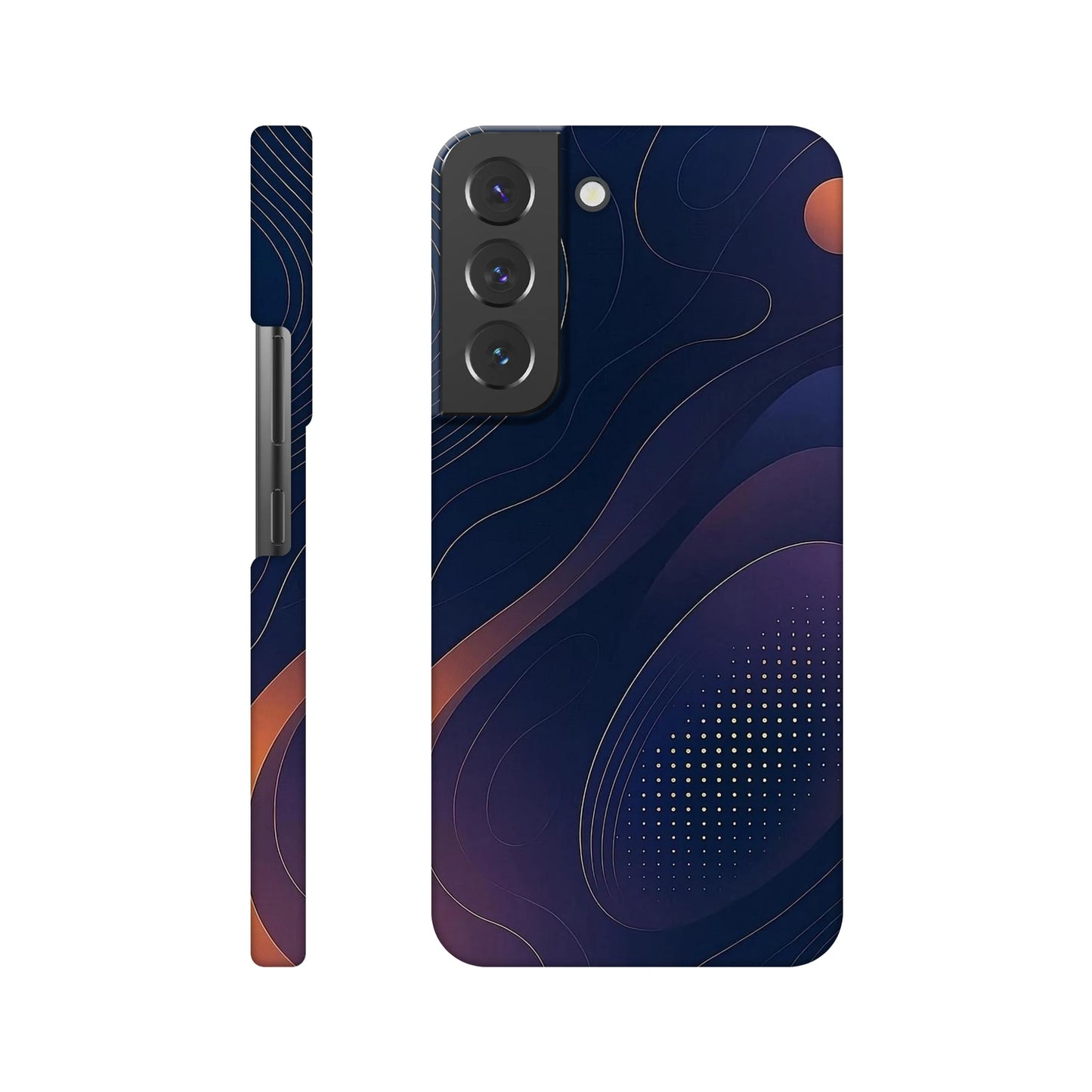 Husă slim Samsung Galaxy S22, design abstract bleumarin cu accente portocalii, vedere spate pe fundal alb
