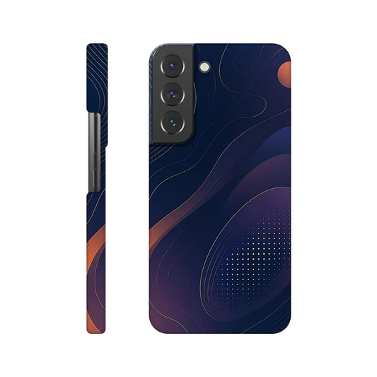 Husă slim Samsung Galaxy S22, design abstract bleumarin cu accente portocalii, vedere spate pe fundal alb