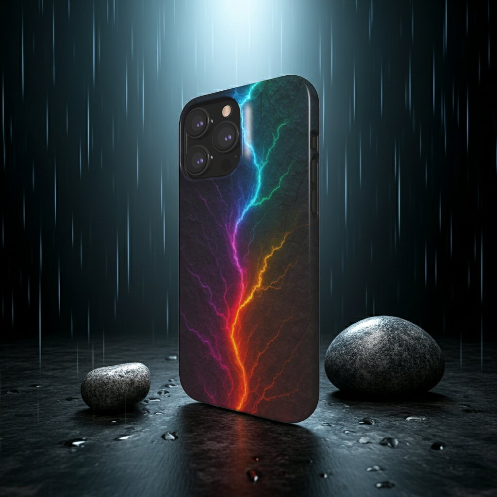 Husă Snap iPhone cu design fulger multicolor, vedere laterală