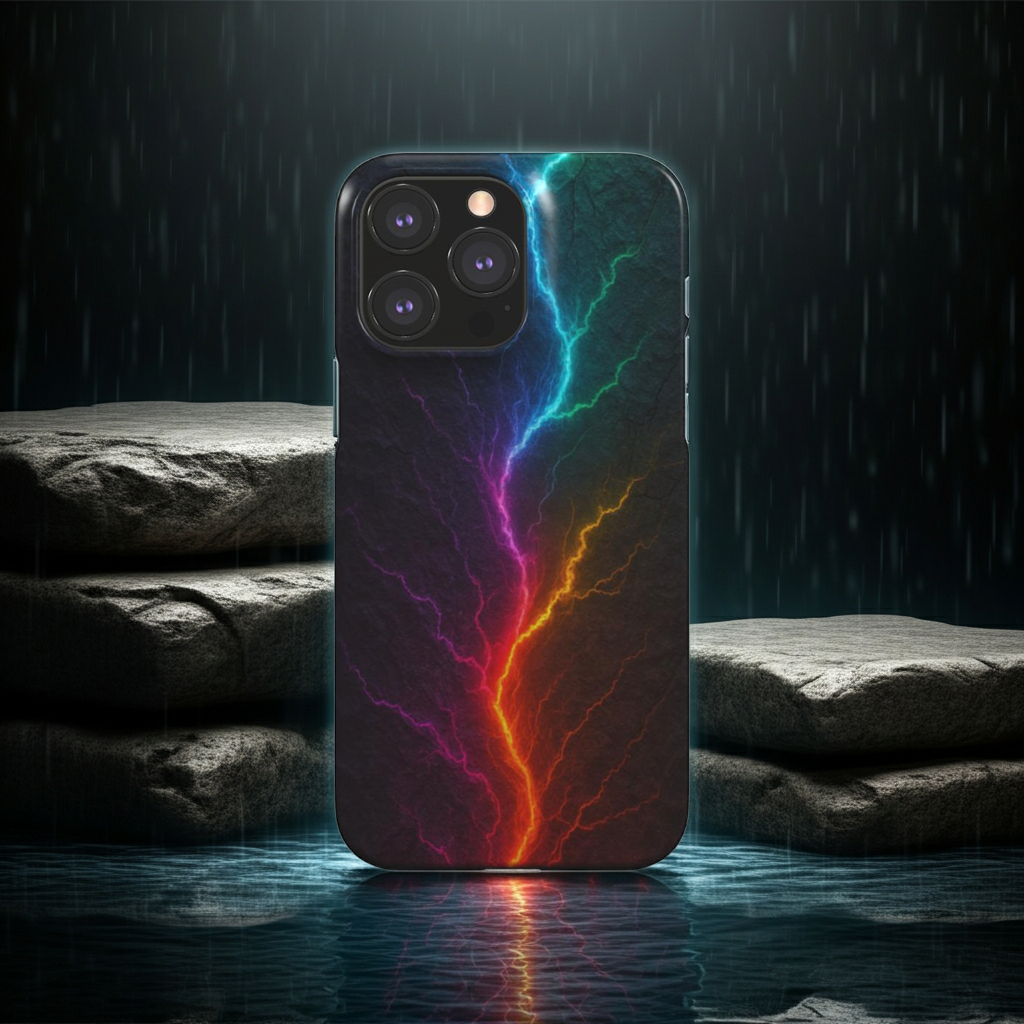 Husă Snap iPhone cu design fulger multicolor, vedere spate