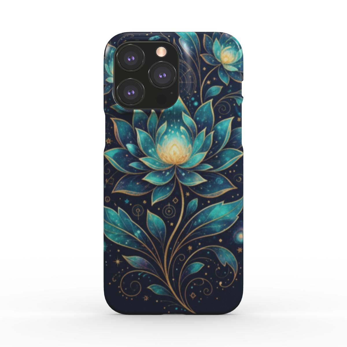 Husă Snap artistică pentru Huawei P30, vedere spate, design cosmic cu lotuși albaștri și accente aurii