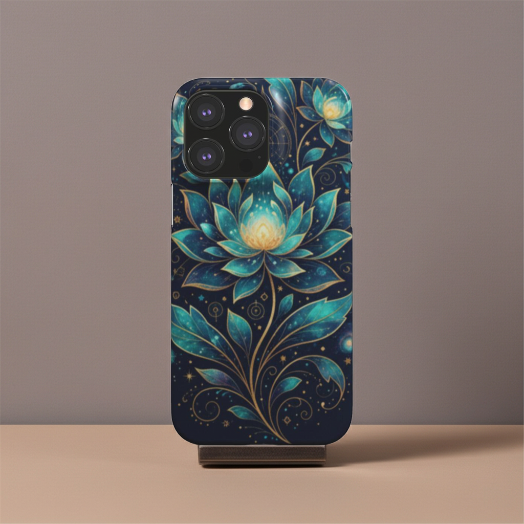 Husă Snap artistică pentru Huawei P30, vedere spate, design cosmic cu lotuși albaștri și accente aurii
