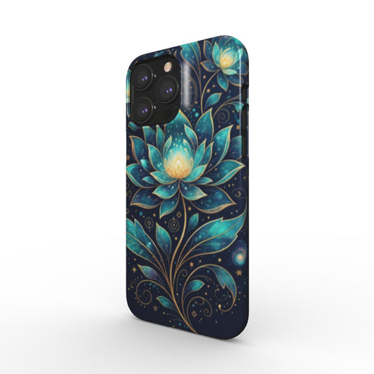 Husă Snap artistică pentru Huawei P30, vedere față, design cosmic cu lotuși albaștri și accente aurii