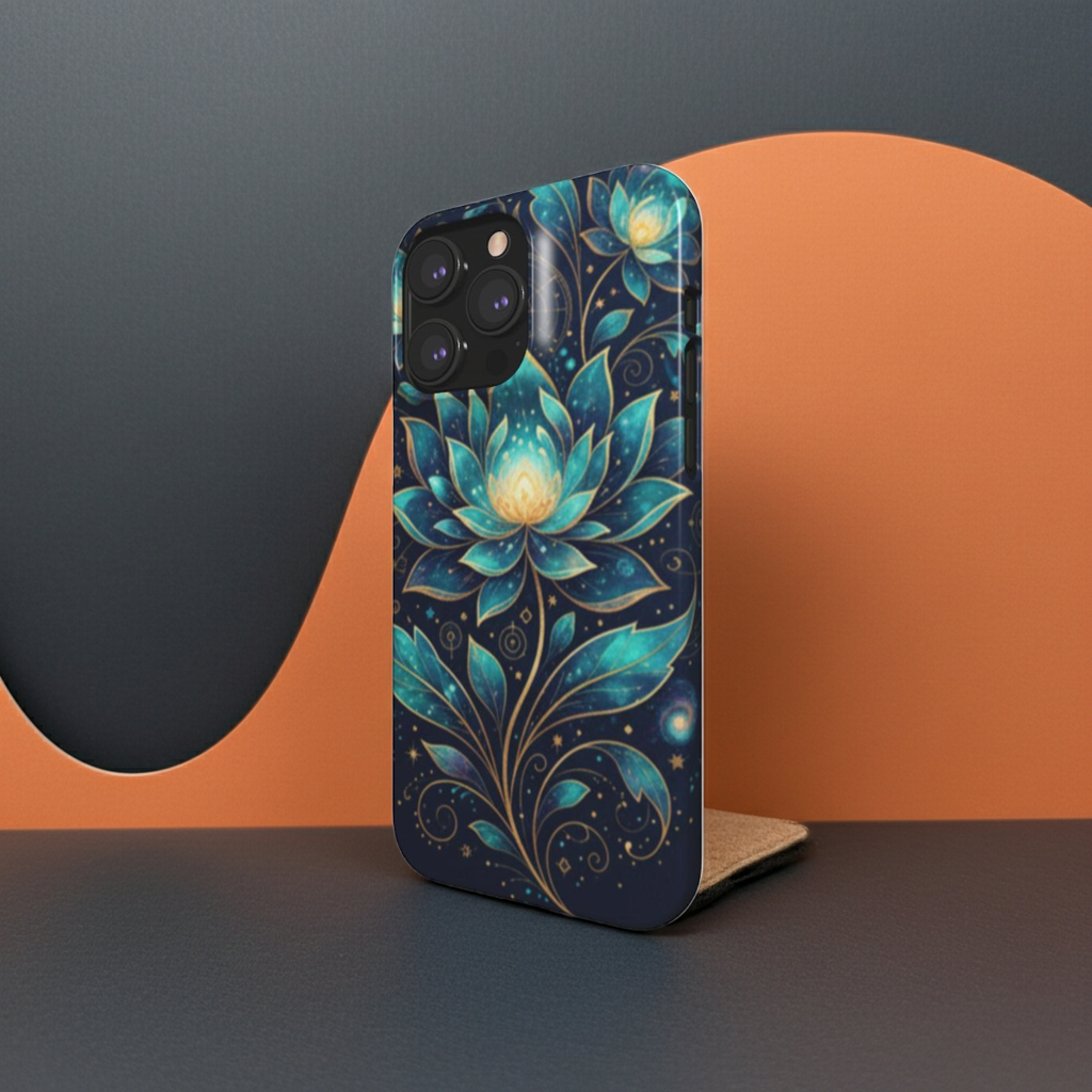 Husă Snap artistică pentru Huawei P30, vedere față, design cosmic cu lotuși albaștri și accente aurii