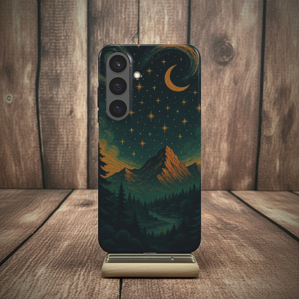 Husă Tough Samsung Galaxy A51/A71, vedere spate, design montan nocturn cu cer înstelat și lună