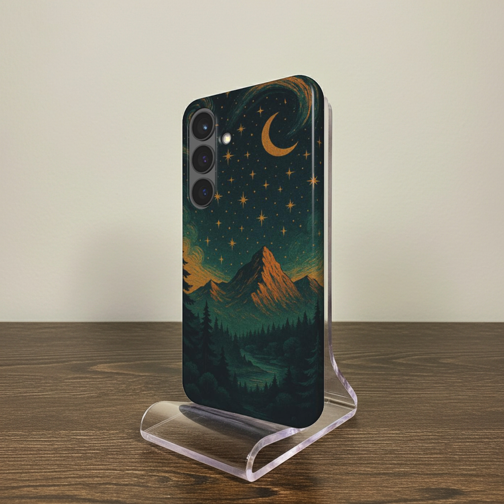 Husă Tough Samsung Galaxy A51/A71, vedere față, design montan nocturn cu cer înstelat și lună