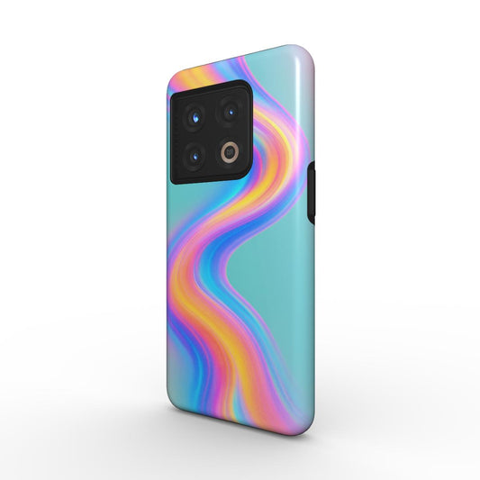 Husă Tough OnePlus cu design abstract wave multicolor pe fundal teal, vedere spate pe fundal alb