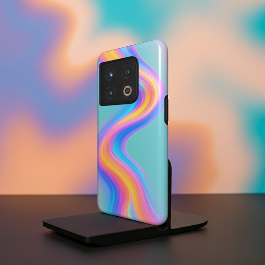 Husă Tough OnePlus cu design abstract wave multicolor pe fundal teal, vedere spate