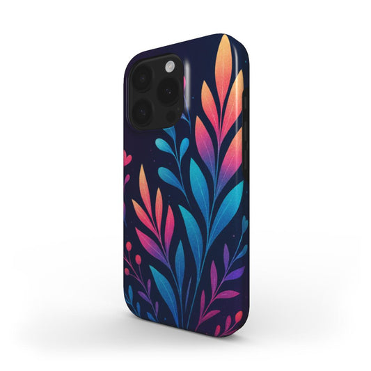 Husă Tough OnePlus cu design floral stilizat în culori neon pe fundal închis, vedere spate pe fundal alb