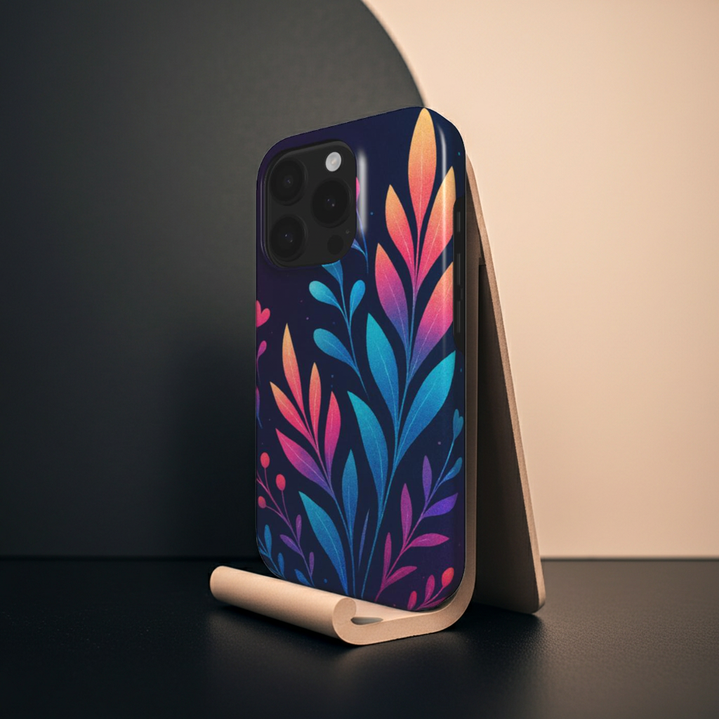 Husă Tough OnePlus cu design floral stilizat în culori neon pe fundal închis, vedere spate
