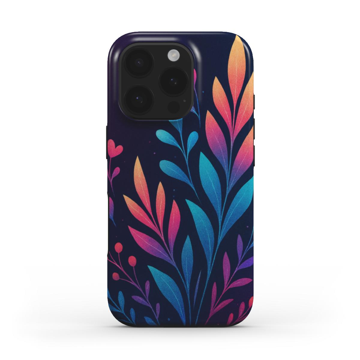 Husă Tough OnePlus cu design floral stilizat în culori neon pe fundal închis, vedere spate pe telefon pe fundal alb