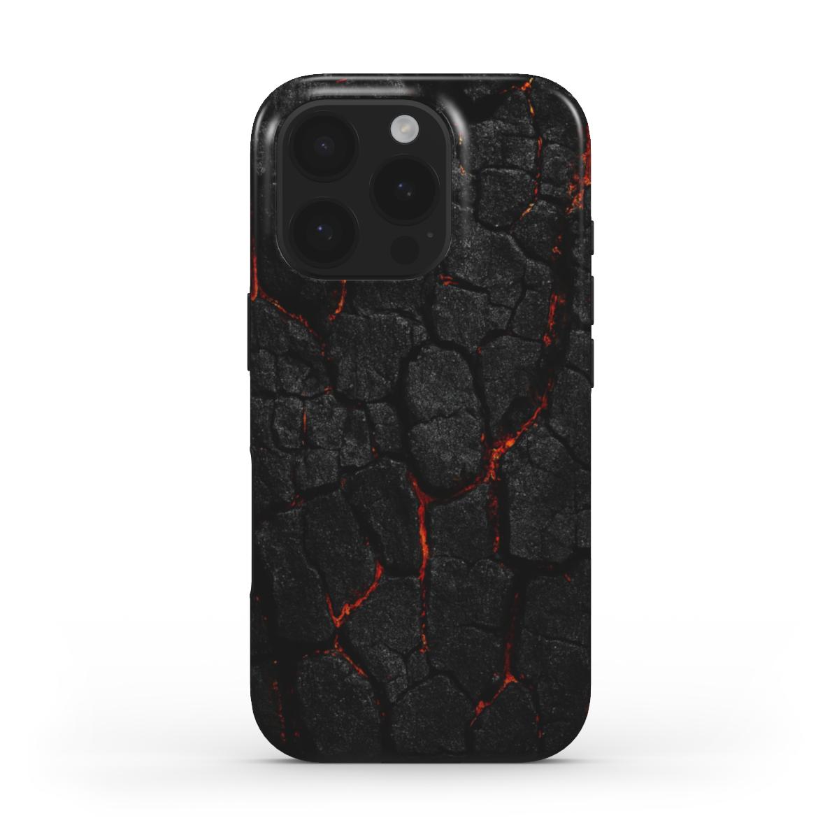 Husă Tough OnePlus cu design textură arsă incandescentă, vedere spate pe telefon pe fundal alb