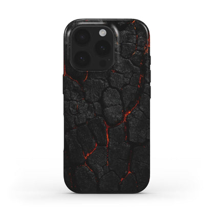 Husă Tough OnePlus cu design textură arsă incandescentă, vedere spate pe telefon pe fundal alb