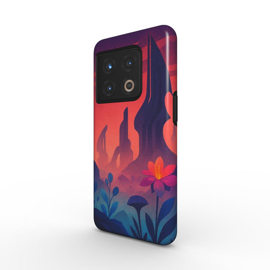 Husă Tough OnePlus cu design peisaj surreal roșu-portocaliu, vedere spate pe fundal alb