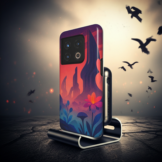 Husă Tough OnePlus cu design peisaj surreal roșu-portocaliu, vedere spate
