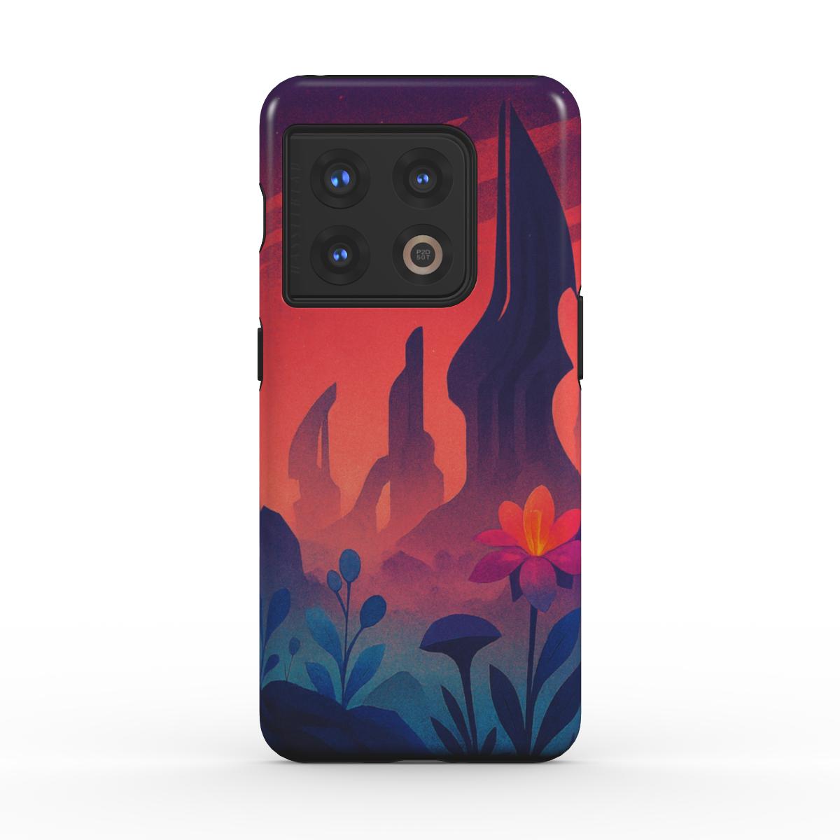 Husă Tough OnePlus cu design peisaj surreal roșu-portocaliu, vedere spate pe telefon pe fundal alb
