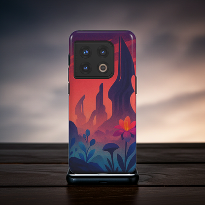 Husă Tough OnePlus cu design peisaj surreal roșu-portocaliu, vedere spate pe telefon